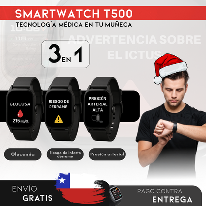 PROMOCIÓN DE NAVIDAD: SmartWatch T500 - Monitor Médico 3 en 1 (Glucosa, Presión, Riesgo de ACV) | Menú en español